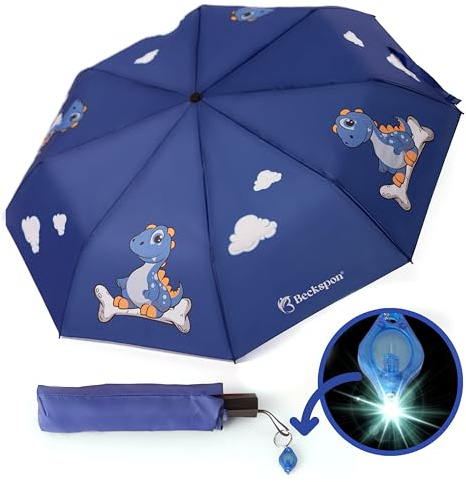 Beckspon Fällbart barnparaply med LED-ficklampa | Paraplyer för barn +3 år | Klassiskt handtag Barnparaply | Dinosaurie Paraply | Enhörning Paraply, Fällbar blå dinosaurie, Pequeña