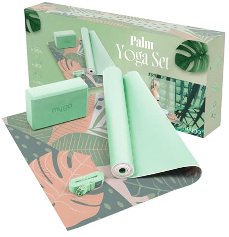 Myga Yoga Starter Kit | Komplettes Set mit Yogamatte, Yogablock & Gurt | rutschfest & Unterstützend | Ideal für Anfänger & Zuhause sowie Reisen | Palmen Design