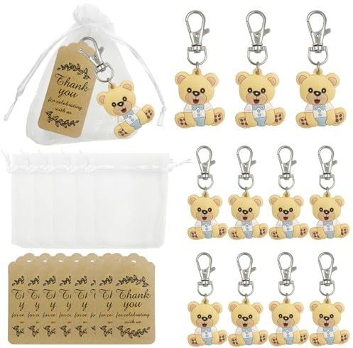 DUGYIRS 30 Set Baby Shower Regalo Gli Ospiti,Inclusi Portachiavi di Animali,Sacchetti di Organza e Tag di Ringraziamento per Bambini Ragazzi Ragazze Forniture Per Feste di Compleanno(Blu Orso)