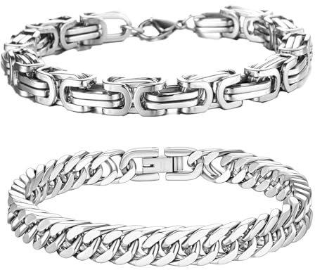 QJFHURB 2 Pulseras Plata y Acero Inoxidable Hombre