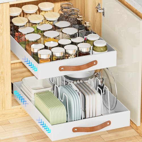 Ovicar Pull Out Cabinet Drawer - Adhesive 12.2 W x 16.3D Slide Out Organizer Heavy Duty Sliding Drawers Pantry Shelf Storage with 4pcs Divider Racks for Kitchen Bathroom Under Sink Home