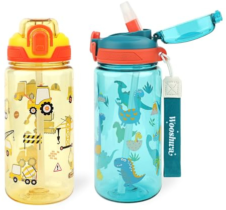 Trinkflasche Kinder mit Strohhalm Auslaufsicher, Dinosaurier & Bagger