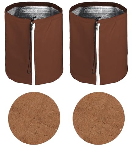 CPROSP 2tlg Thermo Topfschutz für Pflanzen 50 x 45CM, Pflanzenschutz Winter, Frost Schutz für Pflanzkübel Pflanztöpfe für Pflanzen mit Zugband, Reißverschluss & Filz Kokosscheibe Ø 45cm Braun