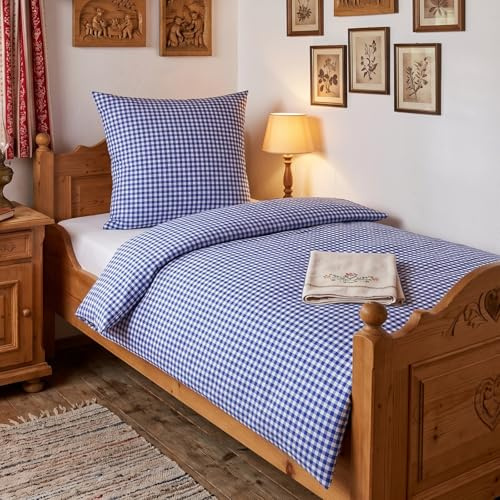 Hans-Textil-Shop Bettwäsche Kariert Blau Weiß 135x200 cm + 80x80 cm – Karierte Bettwäsche Landhausstil mit Reißverschluss aus Baumwolle