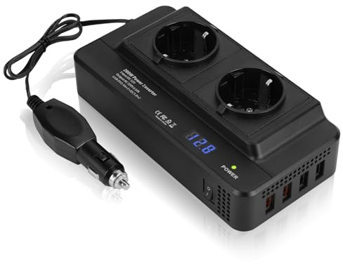NUOWEIDE 200W Convertisseur 12V 220V Transformateur Voitures Allume Cigare 12V Convertisseur AC 220V 200W avec 4 Ports USB Charge Rapide et 2 Prises EU, Faciliter Les Voyages et Le Camping