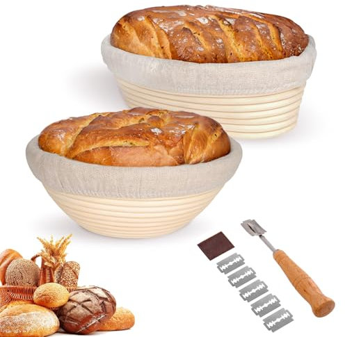 2er-Set Gärkorb zum Brotbacken, Gärkorb Brot, Gärkörbchen Runde und Ovale, inklusive Brotmesser mit fünf Klingen, geeignet zum Brotbacken
