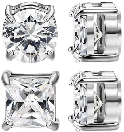 NEWITIN 2 Pairs Stainless Steel Magnetic Stud Earrings for Men Clip on Earring Magnetic Earring Unisex Non Piercing CZ Magnet Studs Diamond Earrings for Women Men