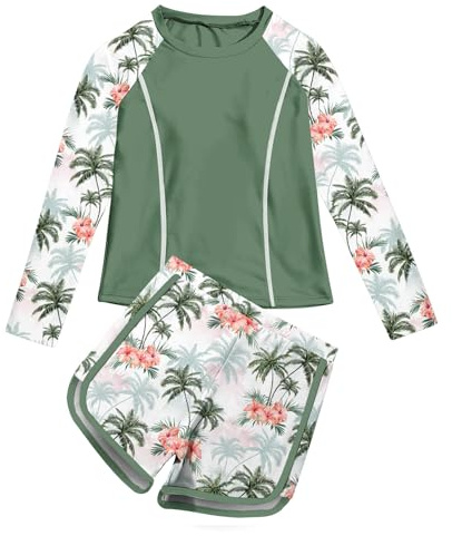 Vogseek Girls Swimsuit with Rash Guard Long Sleeve Shirt Hawaiian Floral Swimming Suits for Girl Size 8-10 Summer Beach UPF 50+ Bathing Suit 9 Years Girl's Quick Dry Flower Tankini Swim Shorts