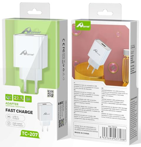 Caricatore rapido USB da 22,5 W, ricarica rapida HOME Quick Charge 3.0, 5 V, 3 A, USB, adattatore di ricarica rapida per iPhone, tablet, eBook Reader, Xperia, MP3, Smartphone Charger (senza cavo di