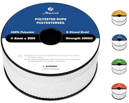 Abma Cord Corda in Poliestere Corda Intrecciata 4mm x 50m Corda Multiuso Bobina - Bianca