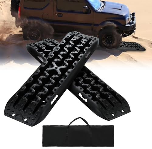 Fiqops Lot de 2 rampes d'aide au démarrage avec sac de rangement, tapis de traction en plastique, échelle de pneu pour sable/boue/neige, charge 10T pour véhicules tout-terrain, camping-car, voiture,
