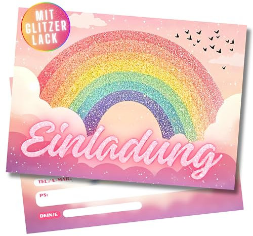 HIDEBLOOM GLITZER Regenbogen Einladungskarten Kindergeburtstag Mädchen - 12 Stück - DIN A6 (10,5 cm x 14,8 cm) - Geburtstagseinladungen Mädchen - Regenbogen Einladungskarten Kinder mit Vögeln