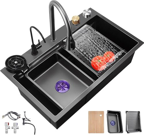 Fregadero de cocina multifuncional negro gris 80X50, fregadero inteligente moderno de acero inoxidable, fregadero de cocina de 1 seno, adecuado para cocina, restaurante (Gris oscuro-B, 68X45CM)