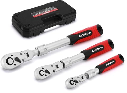 CASOMAN 3 PCS Flexible Extendable Ratchet Set, 1/2-Inch, 3/8-Inch & 1/4-Inch Drive Socket Ratchet Wrench, Ratchet Handle, 72-Tooth, CR-V
