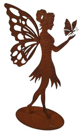 Bornhöft Gartendekoration Fee mit Schmetterling, Edelrost Metall Figur, 3D-Flügel Design, Rostoptik 40cm