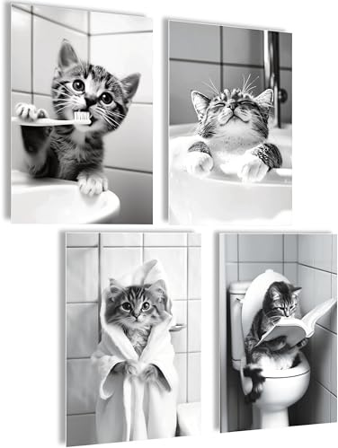 Mojoliving Badrum och Gäster Toalettskylt - Affisch Set 4 x A4 (21 x 30 cm) - WC Dekoration för Gästtoalett med Katt