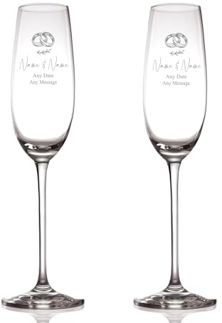 ukgiftstoreonline Personalised Engraved Wedding Champagne Glass Set with Any Message, Any Date, Wedding Rings Design, Custom Champagne Glasses, Engraved