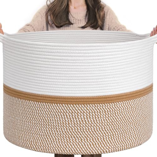 CHICVITA XXL Extra Large Blanket Basket, Cotton Rope Storage Basket for Organizing, Home Decor Woven Basket for Laundry Baby Nursery Decorative Toy Bin, White and Brown, 22 x 22 x 14