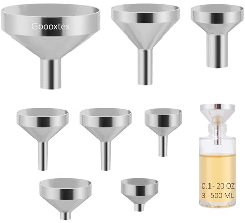 Goooxtex Small Metal Funnels Mini Funnel 8 Size Tiny Bottle Funnel, Miniature Atomizers, Flask, Perfume, Essential Oil, Powder, Micro Pet Capsule, Spice Jar