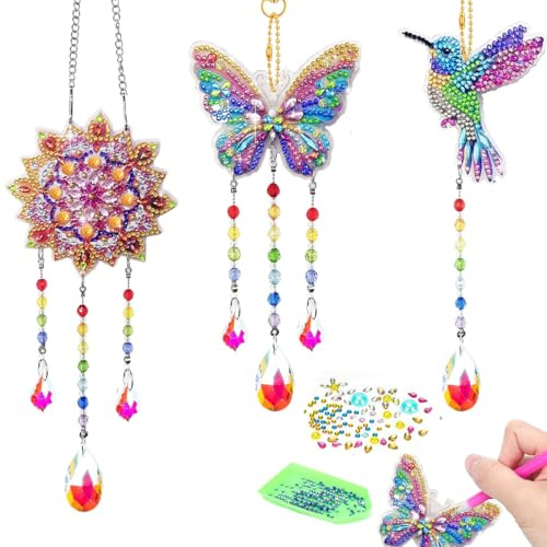 KEWUF Diamond Painting Kinder, Basteln Mädchen 6 7 8 9 10 11 Jahre, Windspiel Bastelset Kinder, Traumfänger Bastelset, Sonnenfänger Basteln, Kristalle Zum Aufhängen
