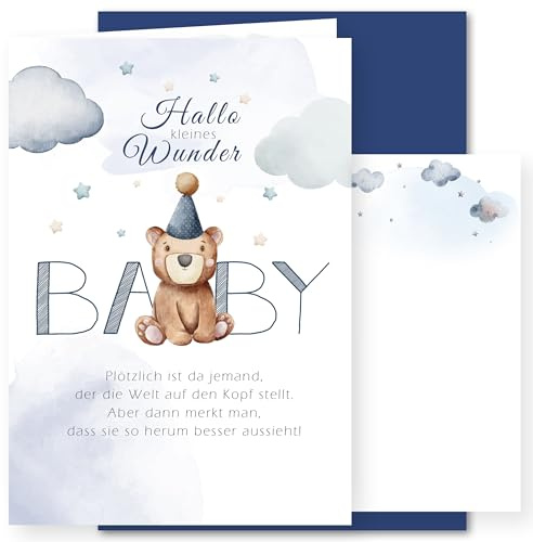 E&G Klasse Geburtskarte zur Geburt Klappkarte A6 mit Umschlag Babykarte Junge Mädchen Spruch Bär Hase Flugzeug blau Geschenk Neugeborenes Baby Willkommenskarte Newborn (Baby Bär)
