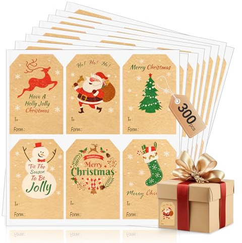 300 PCS Christmas Label Stickers, Xmas Gift Tags, Christmas Decorative Labels, Brown Self-Adhesive Holiday Tag Stickers for Envelopes, Christmas Tree Decoration