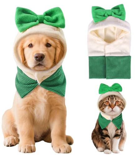 Winmany Weihnachtsmütze für Hunde mit Schleife, Warmer Fleece-Schal für kleine und mittelgroße Hunde und Katzen Urlaubs-Haustierkostüm Kapuze,Grün,L