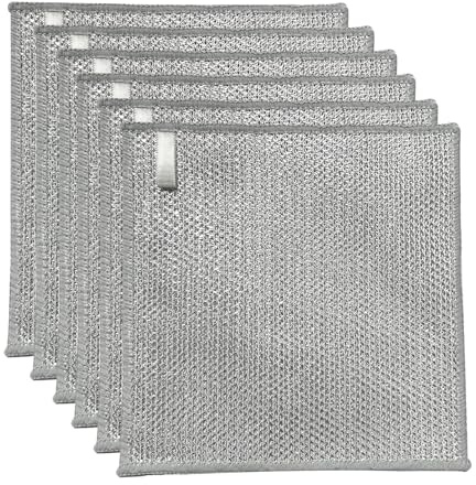 YinQin 6 Pack Triple Layer Stainless Steel Wire Cleaning Cloth for Cookware | Non-Scratch, 20x20cm, Metallic Mesh, Reusable, Hanging Loop Design, Quick Dry