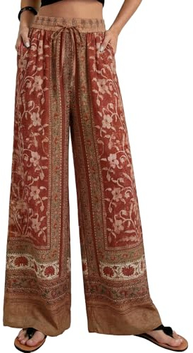 GRACE KARIN Womens Casual Wide Leg Pants, 2026 Summer Palazzo Boho Vacation Pants, High Waist Drawstring Trousers with Pockets Red L