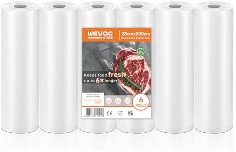 Wevac Core 6 Rollos de Bolsas de Vacío 28 x 300cm, Pack Ahorro, Rollos Gofrados Universales para Conservación de Alimentos, Sin BPA, Aptos para Congelación