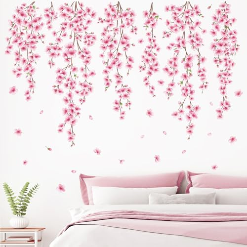 SHUCHING Stickers Muraux Fleur de Cerisier, Autocollant Mural Vigne Fleurie Rose, Décoration Murale pour Filles Femmes Chambre Salon | Sticker mural autocollant motif fleurs de cerisier pour chambre d'adolescente et fille