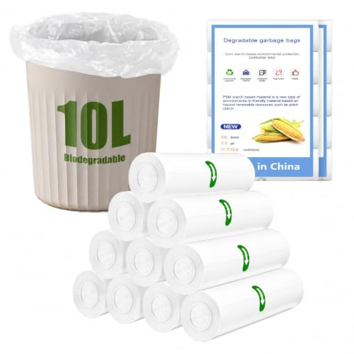 NARYVORA 200 Piezas Bolsas Basura Biodegradable 10L, 10 Rollen 45x50cm Bolsa Basura, 2.6 Gal Prueba de Fugas Bolsas de Basura para Sala de Estar, Cocina, Baño, Oficina, Blanco