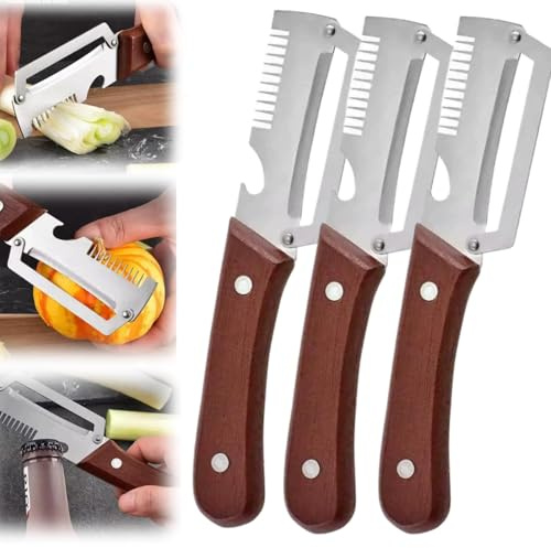 Vegetable Peeler with Solid Wood Handle, Stainless Steel, Multi-Functional, with Bottle Opener and Green Onion Cutter (Coffee, 3PCS)