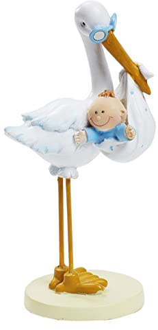 Storch mit Baby Junge blau weiß, 11 cm, Tortendeko Tischdeko Tortenfigur Geburt Taufe