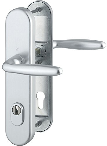 HOPPE 3903037 Sicherheits-Drückergarnitur Verona-auf Langschild Profilzylinder Entfernung 92mm, SST 8, mit Kernziehschutz, für Türstärke 67-72mm, Silber eloxiert