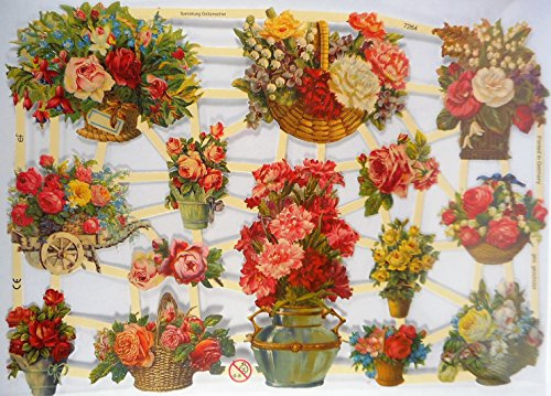 Glanzbilder Blume Blumenkorb Schubkarre EF 7264 Oblate Posiebilder Scrapbook Deko GWI 386