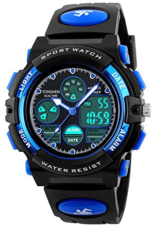 TONSHEN Digitale Orologi da Polso per Uomo Donna Ragazzo Bambini Subacqueo 50M Impermeabile Analogico Quarzo Orologio Sportivo Plastica Lunetta Gomma Band Doppio Tempo Sveglia LED Controluce