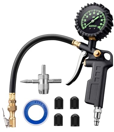 AstroAI Tire Pressure Gauge with Inflator, 100 PSI-ANSI B40.1 Accurate, Large 2.5 Easy Read Glow Dial, Heavy Duty Air Chuck and Compressor Accessories with Rubber Hose and Quick Connect Coupler