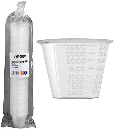 RE-GEN 30ml Clear Plastic Reusable Medicine Kitchen Graduated Measuring Pot Containers, 100 Cups Per Sleeve - 1 Sleeve (100 Cups)