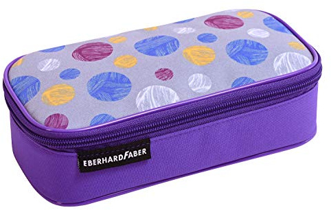 Eberhard Faber 577576 Jumbo Schlamperbox mit 12 Stiftschlaufen und Fach für Geodreieck, lila mit bunten Kreisen