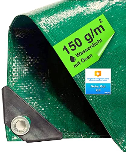 Telone impermeabile, 6 x 10 m, 150 g/m², verde, con occhielli, per tenda da sole, telone per rimorchio da cantiere (2x2)