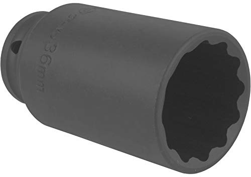 TECPO Vielzahn Kraft-Steckschlüssel 1/2 Zoll, 36 mm, für Antriebswellen, aus Chrom-Molybdän-Stahl, mit Arretierstift-Aufnahme & Gummiring, geeignet für Hand- & Schlagschrauber, Zwölfkant-Profil