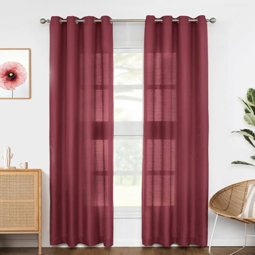 Melodieux Tende semitrasparenti color bordeaux, lunghe 213 cm, per soggiorno e camera da letto, in lino, con occhielli in voile, 132 x 213 cm (2 pannelli)