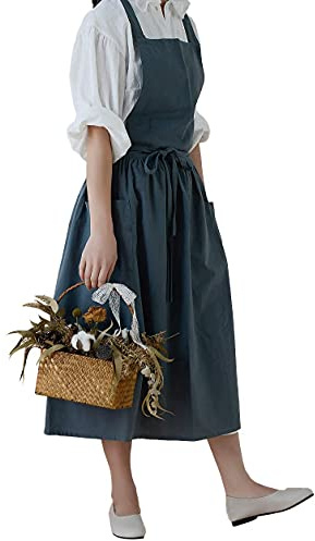 losofar Cotton Pleated Apron Retro Waterdrop Proof Garden Cleaning Pinafore Dress (green, 103cmx86cm)
