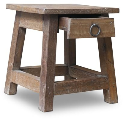 LS-LebenStil Vintage Holz Nachttisch Dehli - Teakholz - mit Schublade - Massiv - Rustikal Braun - 30x25cm Schemel Bänkchen Fußhocker Tritthocker Beistellhocker für Wohnzimmer, Schlafzimmer, Büro