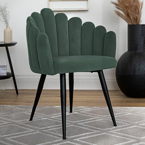 Qiyano Sessel Samtiger Stuhl mit Armlehne in Muschel-Form Glamour für Schminktisch Wohnzimmer oder Esszimmer Designer Thron-Stuhl Samt, Farbe: Dunkel-Grün