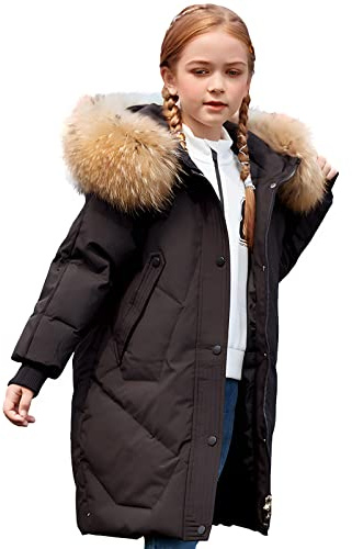 amropi Abrigo para Niña Invierno Chaqueta con Pelo Capucha Plumas Caliente Ropa Negro,9-10 años