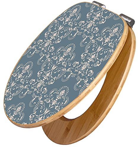banjado Design WC Sitz Bambus Absenkautomatik 45,8x37,5cm / Toilettendeckel mit Absenkautomatik Holz/hochwertiger Bambus Klodeckel/WC-Sitz für gängigen Toiletten/Motiv Royal Creme Blau