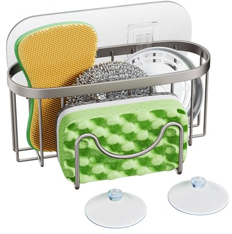 HapiRm Kitchen Sink Caddy Tidy - M-Shaped Sponge Holder for Kitchen Sink | Stainless Steel Kitchen Sink Organiser No Drilling for Sponge Brush Stopper, Sink Plugs and Hanging Scraper with 2 Adhesives