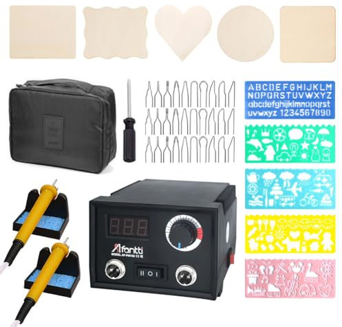 Afantti Brandmalerei Stift Lötkolben Set Pyrografie Maschine Brandmalstation Brenngerät Brennstab Profi Holzverbrennungs Kit | Doppel Stift | Einstellbare Temperatur | 30 Spitzen | Holz Gravur